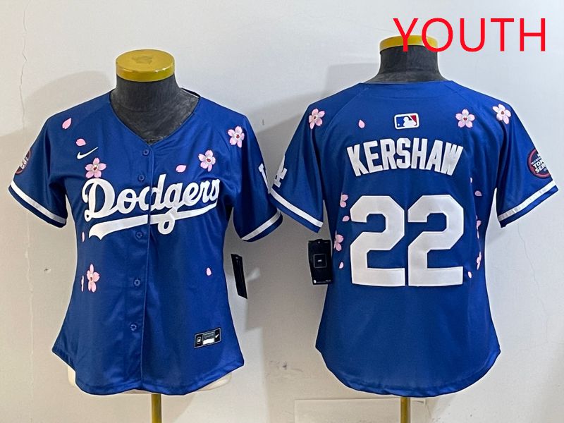 Youth Los Angeles Dodgers #22 Kershaw Blue White Blue Sakura Edition 2025 Nike MLB Jersey style 1->youth mlb jersey->Youth Jersey
